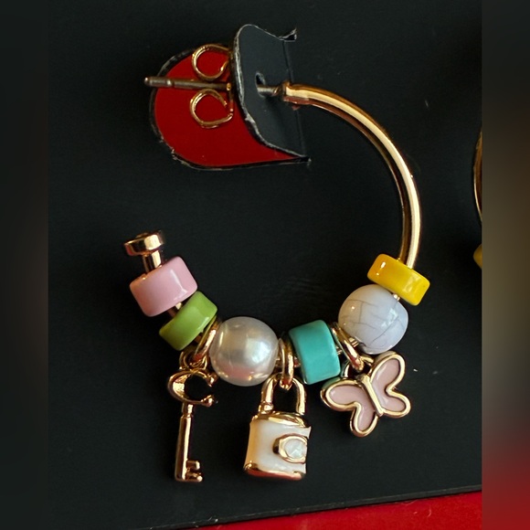COACH Earrings,Coach Gold Hoop Earrings with Pastel Charms - Picture 7 of 7